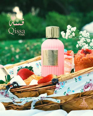 Qissa Pink perfume with notes of apple, coconut, jasmine, violet, vanilla, sandalwood, and sugar – sweet fruity floral fragrance
