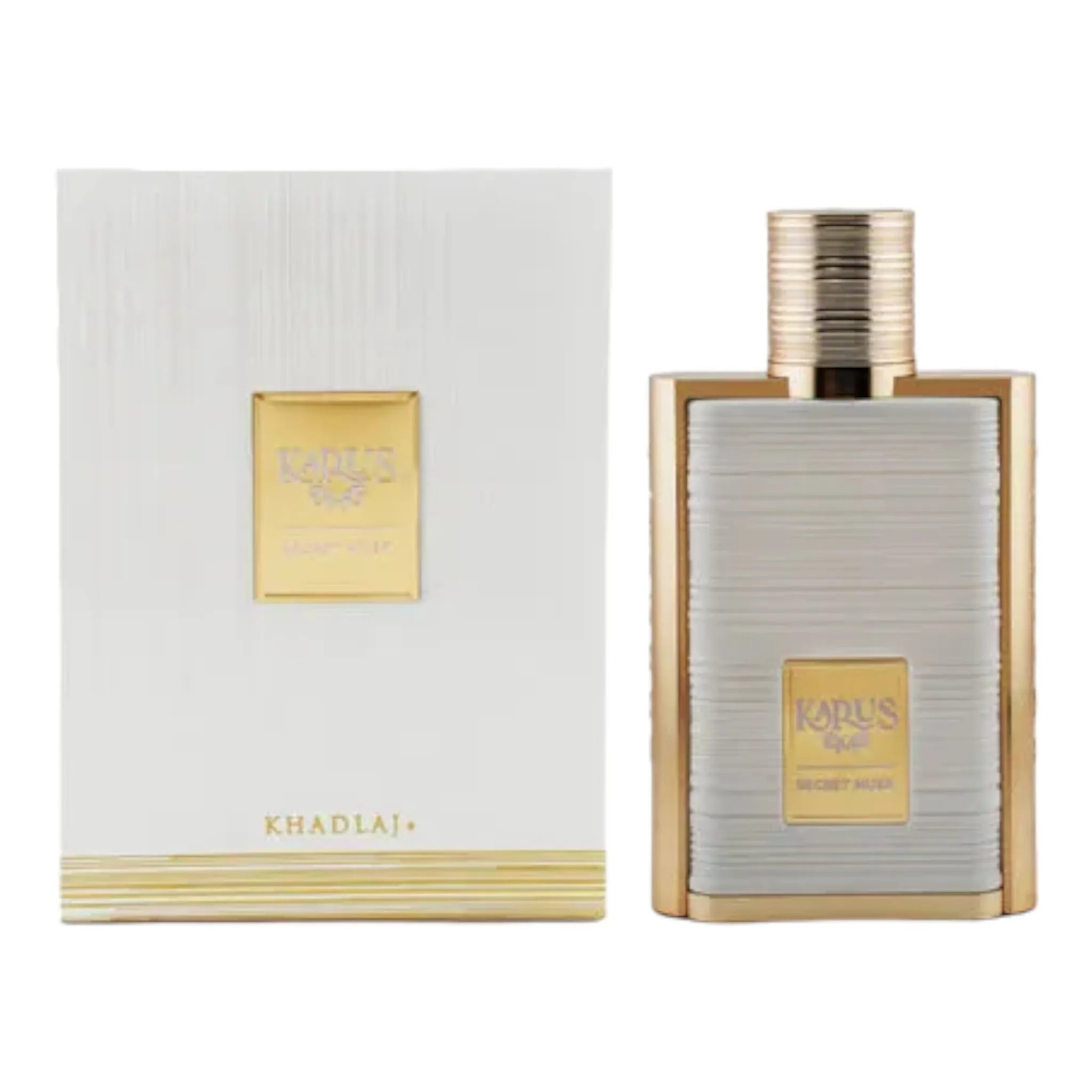 Karus Secret Musk 100ml by Khadlaj – long lasting musk perfume with chocolate, saffron, amber wood, and tonka in a sleek luxury bottle.

