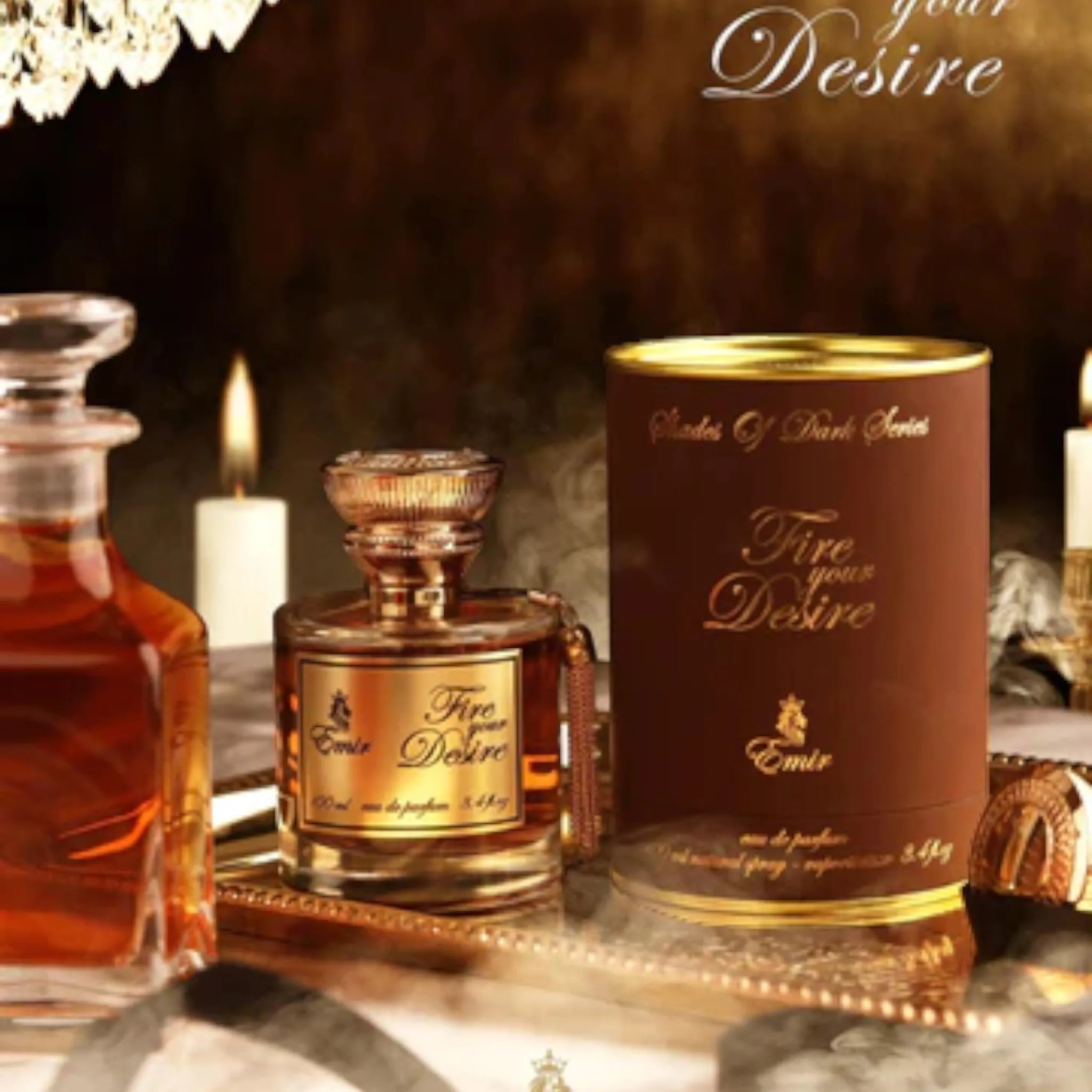 Fire Your Desire perfume by Emir – amber vanilla scent with cognac, cinnamon, and praline notes

