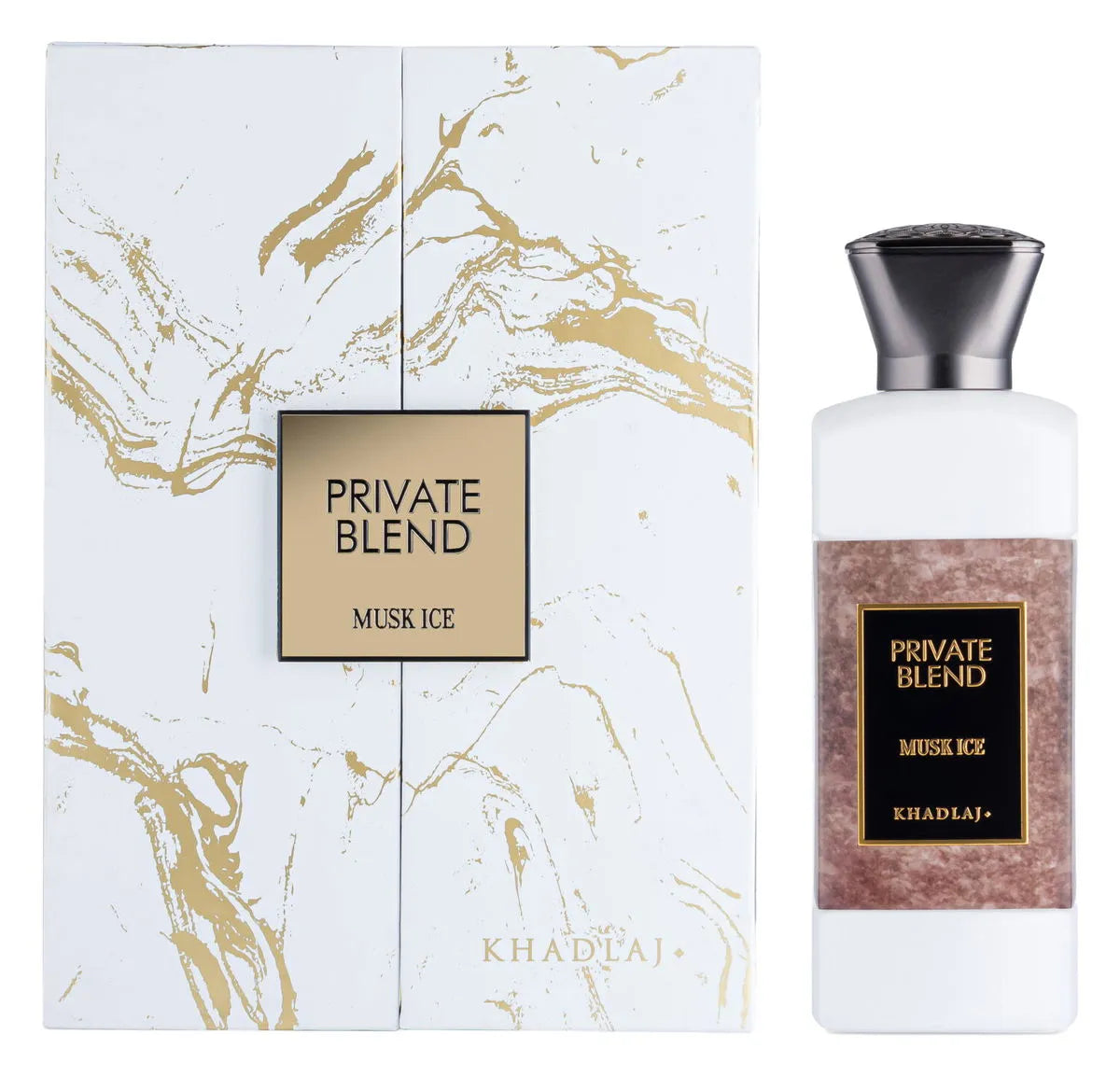 Private Blend Musk Ice by Khadlaj – bold extrait perfume with saffron, tobacco, incense, patchouli, oud, vanilla, and spices in a sleek, luxurious bottle.

