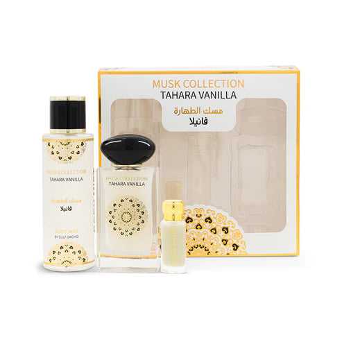 Floral musky perfume gift set – Musk Tahara Vanilla by Gulf Orchid with Eau de Parfum, body mist, and perfume oil featuring vanilla, musk, and tonka.

