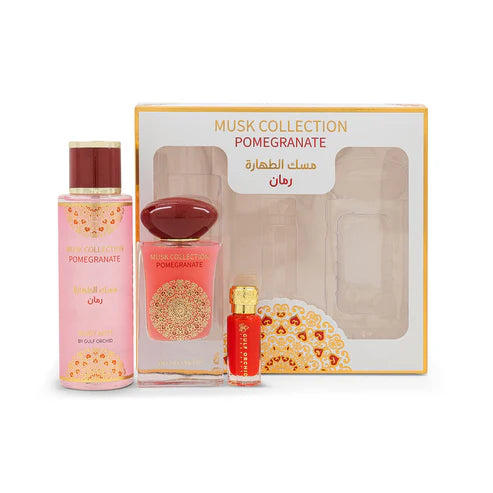 Musky fruity perfume gift set – Musk Tahara Pomegranate by Gulf Orchid with Eau de Parfum, perfume oil, and body mist featuring pomegranate, musk, and ambergris.

