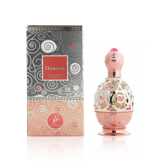 Haneen Rose Gold 20ml perfume oil – non-alcoholic rose musk fragrance with pear, jasmine, amber, vanilla & cashmere. Long lasting and skin-safe.

