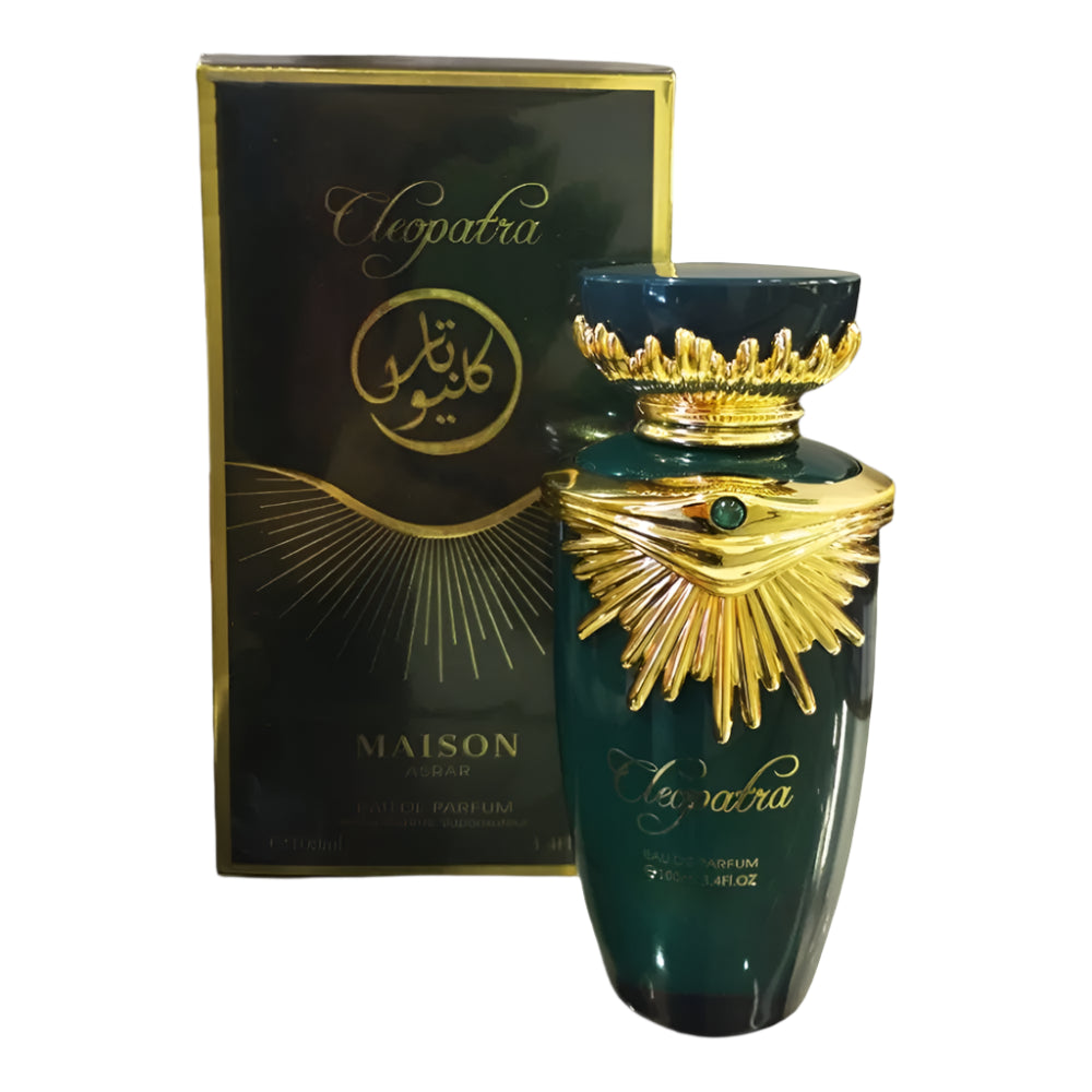 Cleopatra 100ml EDP by Maison Asrar – regal perfume with citrus, exotic florals, amber, sandalwood, and musk in a luxurious bottle fit for royalty.

