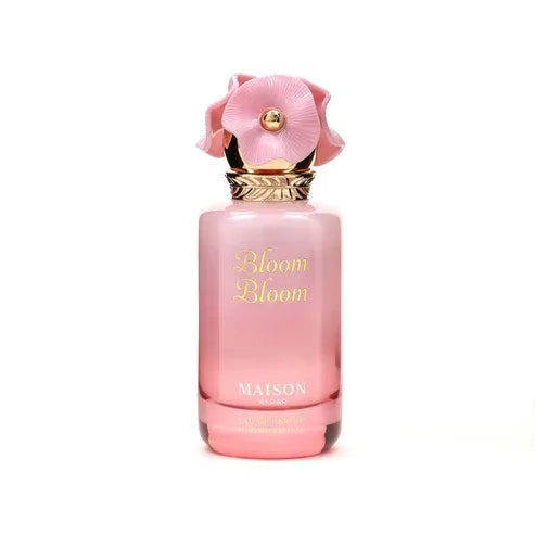 Long lasting perfume – Bloom Bloom by Maison Asrar 100ml Eau de Parfum featuring floral fruity notes of pear, peach, rose, and musk in a fresh, elegant bottle.

