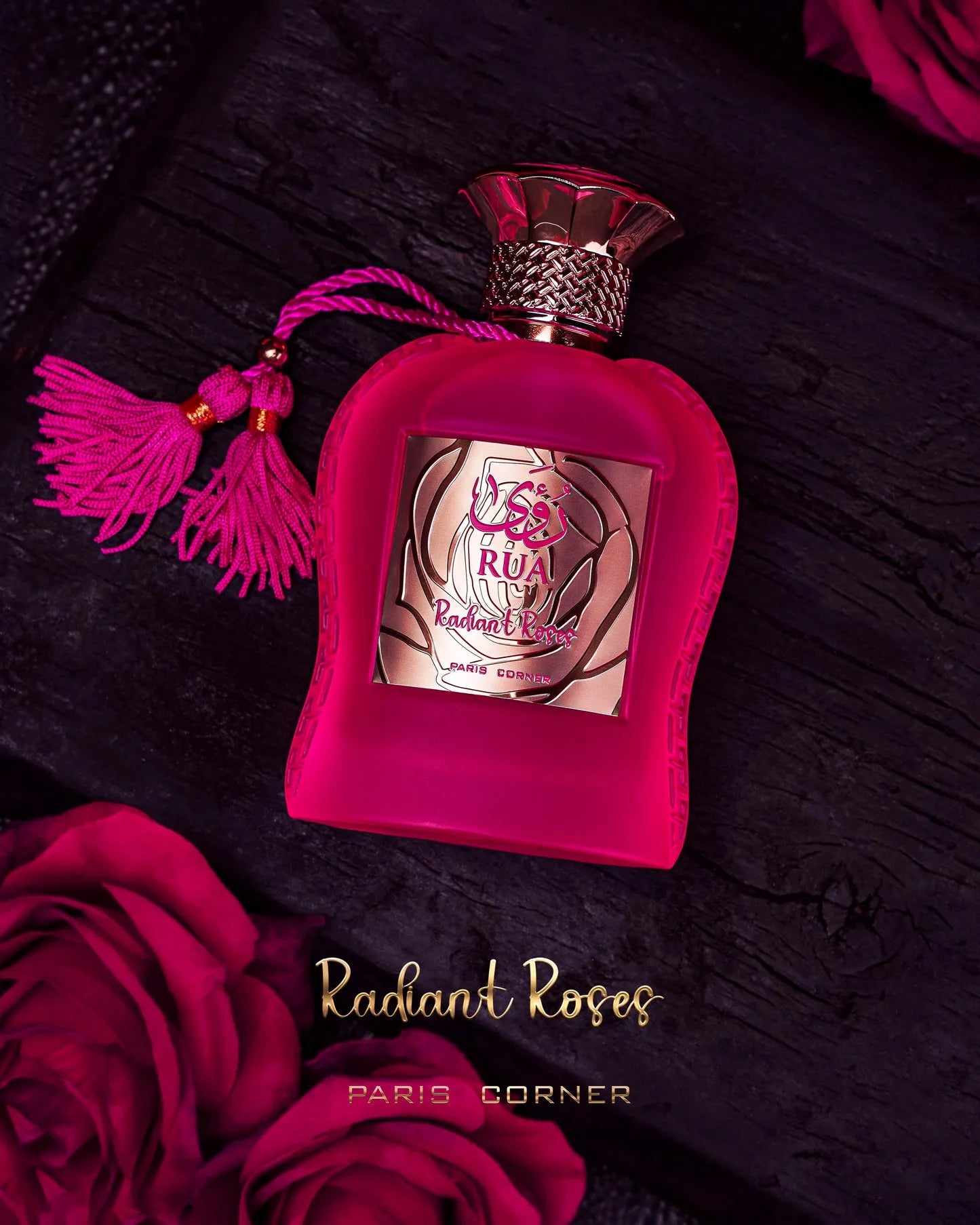 Rua Radiant Roses perfume with notes of rose, vanilla, citrus, chocolate, and musk – elegant floral fragrance for women

