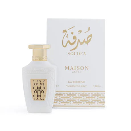Soudfa 100ml by Maison Asrar – floral musky perfume with peach, mandarin, rose, jasmine, neroli, patchouli, sandalwood, and vetiver in a refined bottle.

