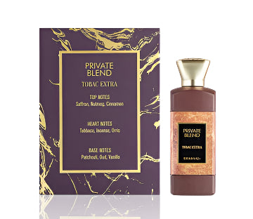 Private Blend TOBAC Extra 100ml by Khadlaj – extrait perfume with saffron, tobacco, incense, patchouli, oud, vanilla, and warm spices in a luxury bottle.

