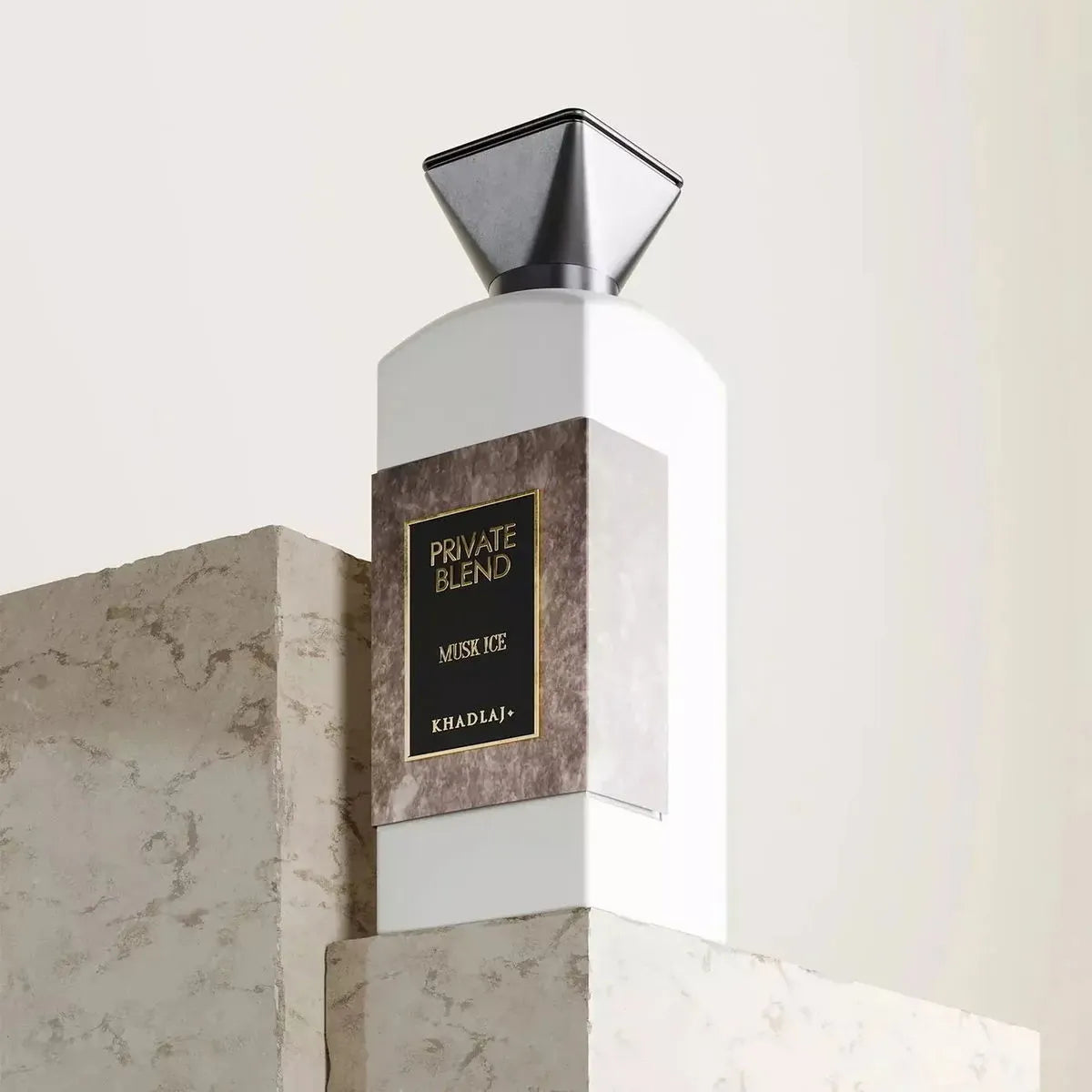 Private Blend Musk Ice by Khadlaj – bold extrait perfume with saffron, tobacco, incense, patchouli, oud, vanilla, and spices in a sleek, luxurious bottle.

