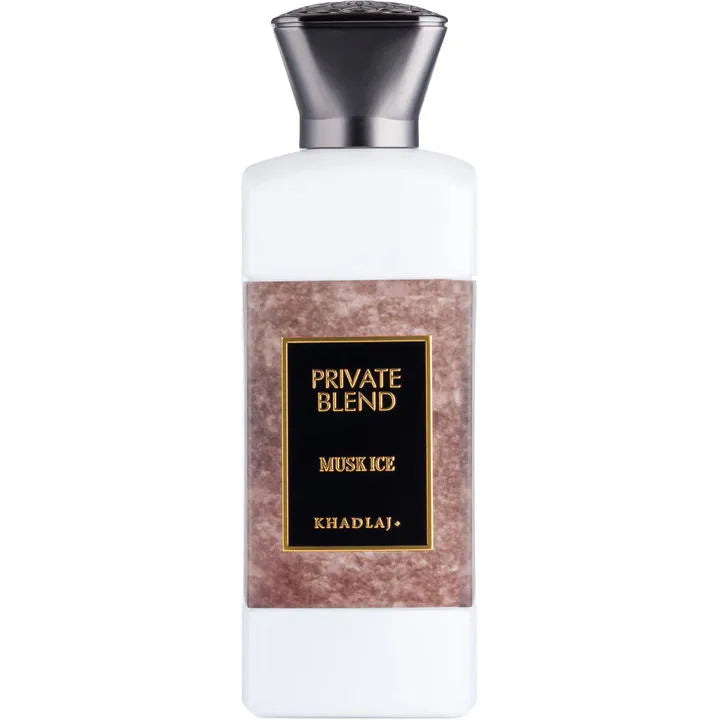 Private Blend Musk Ice by Khadlaj – bold extrait perfume with saffron, tobacco, incense, patchouli, oud, vanilla, and spices in a sleek, luxurious bottle.

